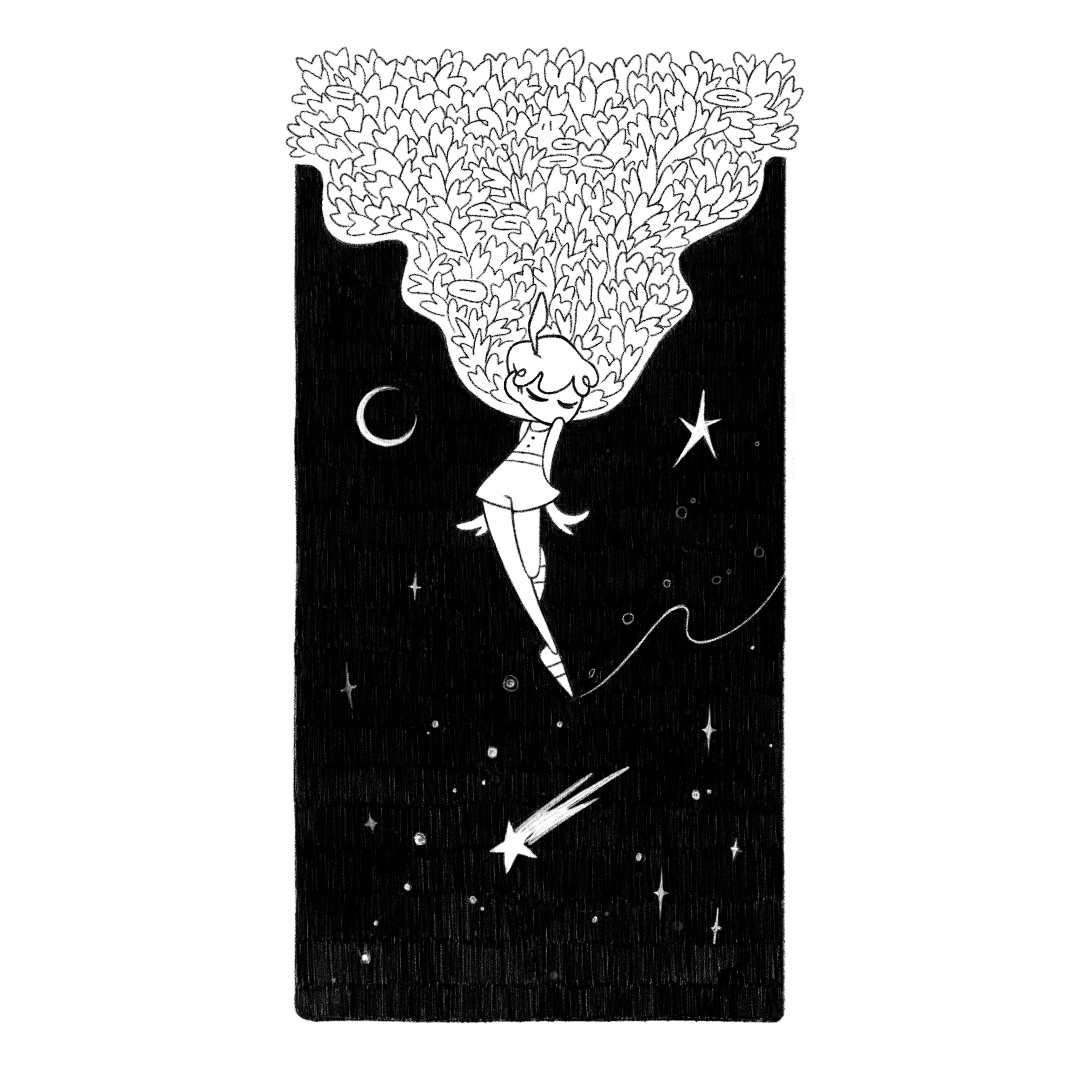 black and white illustration of a girl descending in a starry background